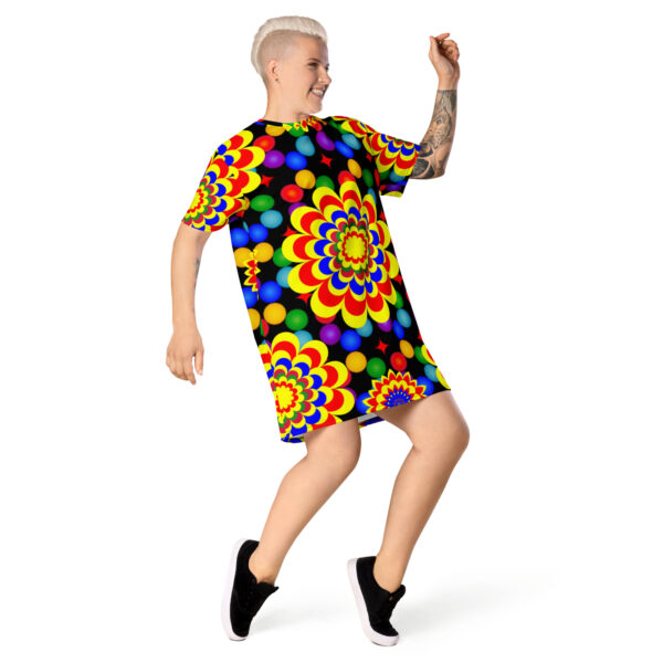 *Origina Art Yellow, Red, and Blue Ball and Flowers Pattern Design on T-Shirt Dress* - Image 3