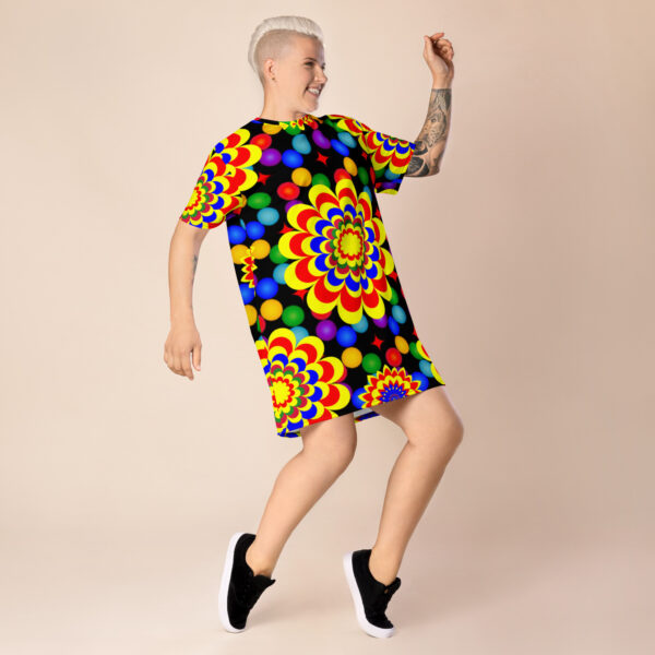 *Origina Art Yellow, Red, and Blue Ball and Flowers Pattern Design on T-Shirt Dress* - Image 2
