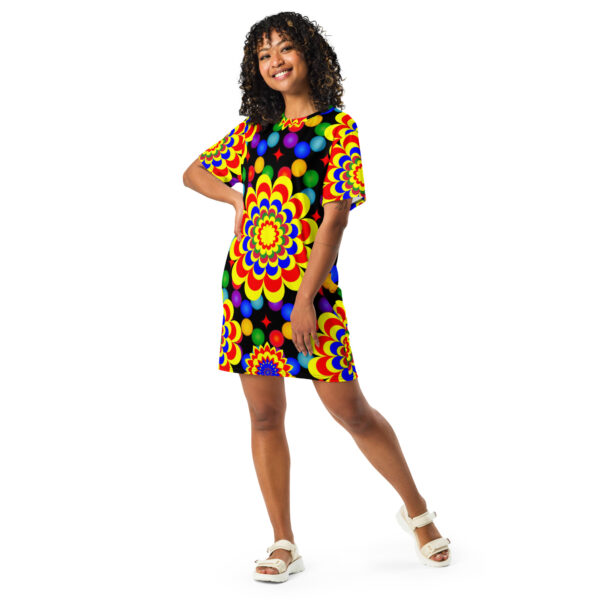 *Origina Art Yellow, Red, and Blue Ball and Flowers Pattern Design on T-Shirt Dress* - Image 4