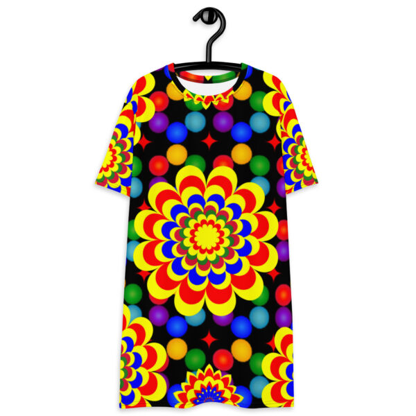 *Origina Art Yellow, Red, and Blue Ball and Flowers Pattern Design on T-Shirt Dress* - Image 11