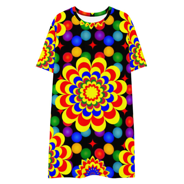 *Origina Art Yellow, Red, and Blue Ball and Flowers Pattern Design on T-Shirt Dress* - Image 12