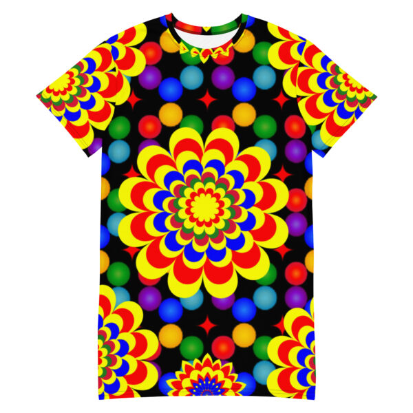 *Origina Art Yellow, Red, and Blue Ball and Flowers Pattern Design on T-Shirt Dress* - Image 13
