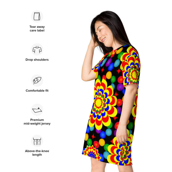 *Origina Art Yellow, Red, and Blue Ball and Flowers Pattern Design on T-Shirt Dress* - Image 8