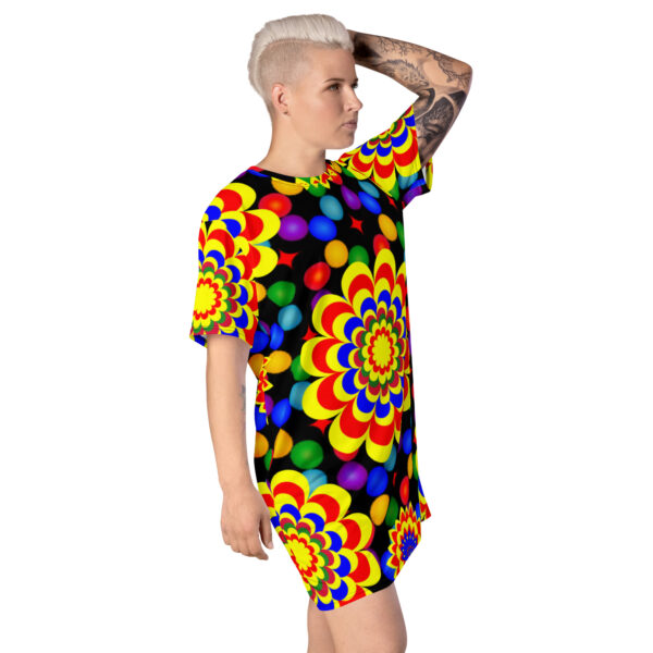 *Origina Art Yellow, Red, and Blue Ball and Flowers Pattern Design on T-Shirt Dress* - Image 6