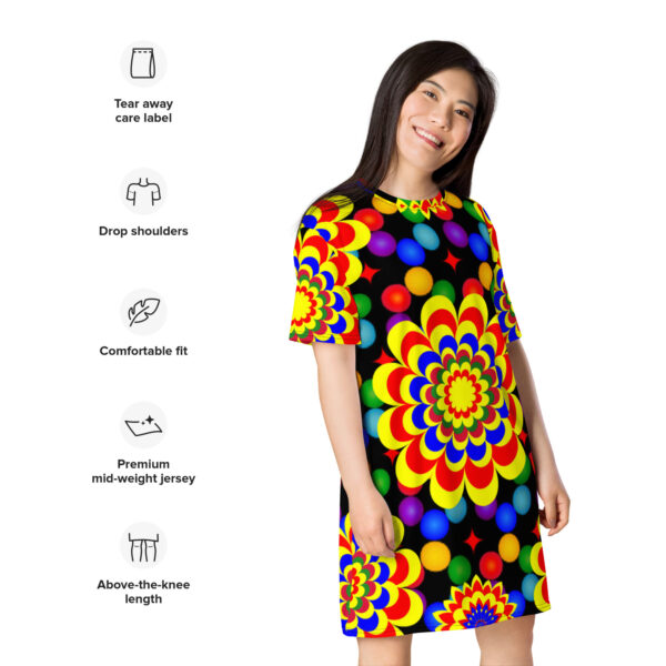*Origina Art Yellow, Red, and Blue Ball and Flowers Pattern Design on T-Shirt Dress* - Image 7