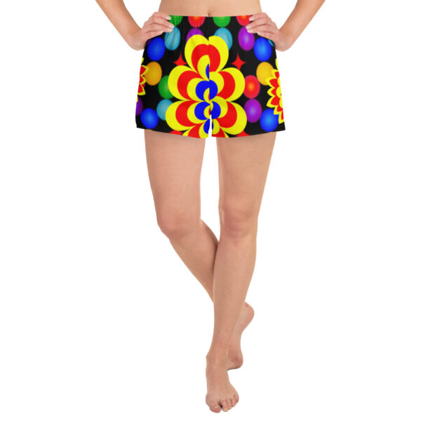 *Original Art Yellow, Red, and Blue Ball and Flowers Pattern Design on Unisex Athletic Shorts*