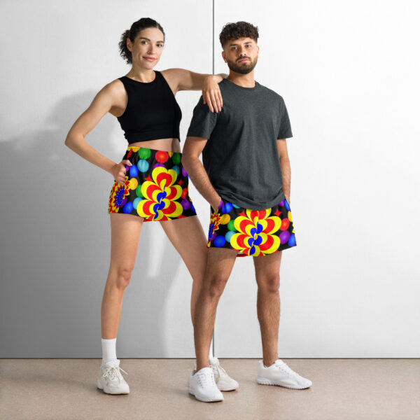 *Original Art Yellow, Red, and Blue Ball and Flowers Pattern Design on Unisex Athletic Shorts* - Image 2