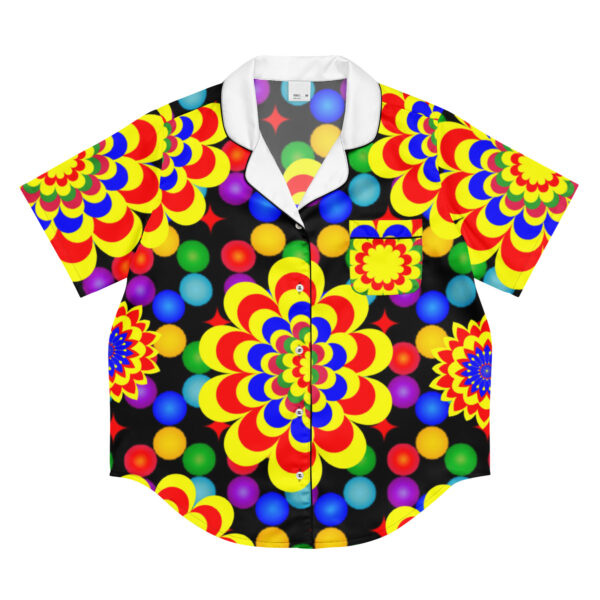 *Original Art Yellow, Red, and Blue Ball and Flowers Pattern Design on Women's Short Sleeve Pajama Top*