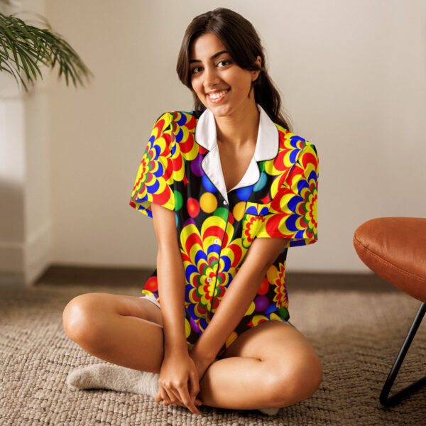*Original Art Yellow, Red, and Blue Ball and Flowers Pattern Design on Women's Short Sleeve Pajama Top* - Image 2