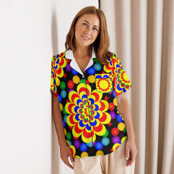 *Original Art Yellow, Red, and Blue Ball and Flowers Pattern Design on Women's Short Sleeve Pajama Top* - Image 3