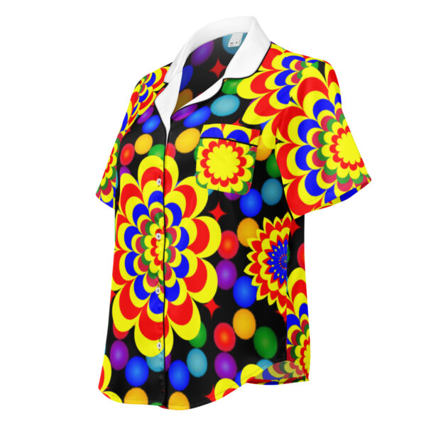 *Original Art Yellow, Red, and Blue Ball and Flowers Pattern Design on Women's Short Sleeve Pajama Top* - Image 7