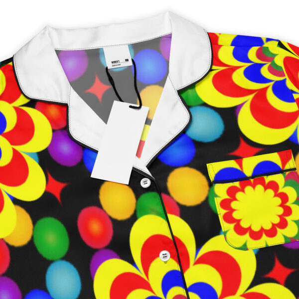 *Original Art Yellow, Red, and Blue Ball and Flowers Pattern Design on Women's Short Sleeve Pajama Top* - Image 5