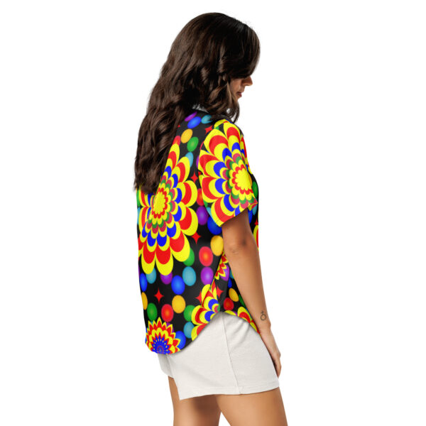 *Original Art Yellow, Red, and Blue Ball and Flowers Pattern Design on Women's Short Sleeve Pajama Top* - Image 4