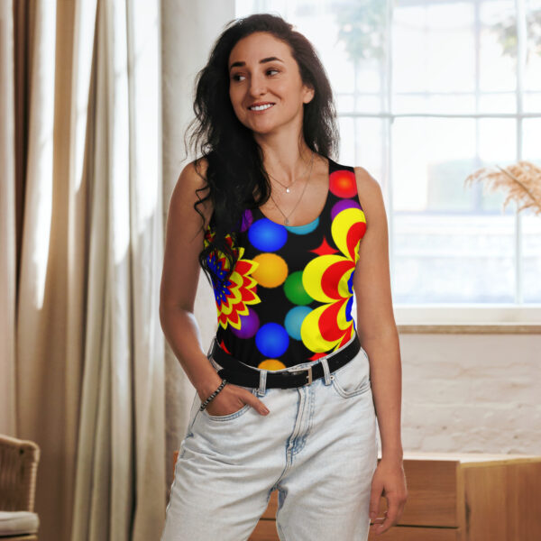 *Original Art Yellow, Red, and Blue Ball and Flowers Pattern Design on Cut & Sew Tank Top*