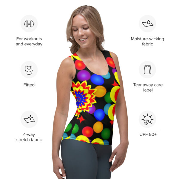 *Original Art Yellow, Red, and Blue Ball and Flowers Pattern Design on Cut & Sew Tank Top* - Image 2