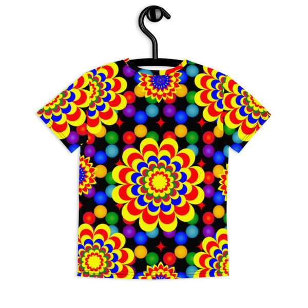 *Original Art Yellow, Red, and Blue Ball and Flowers Pattern Design on Youth Crew Neck T-Shirts* - Image 7