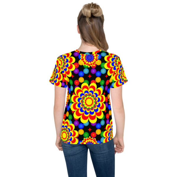 *Original Art Yellow, Red, and Blue Ball and Flowers Pattern Design on Youth Crew Neck T-Shirts* - Image 9