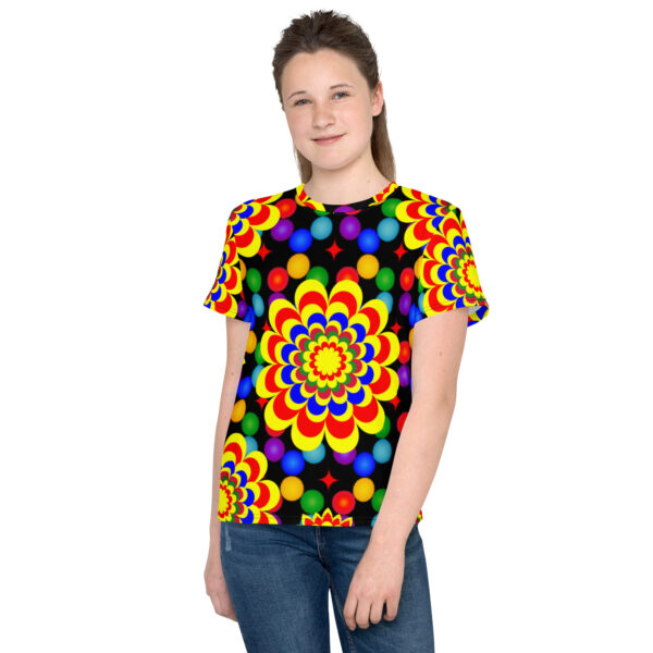 *Original Art Yellow, Red, and Blue Ball and Flowers Pattern Design on Youth Crew Neck T-Shirts*