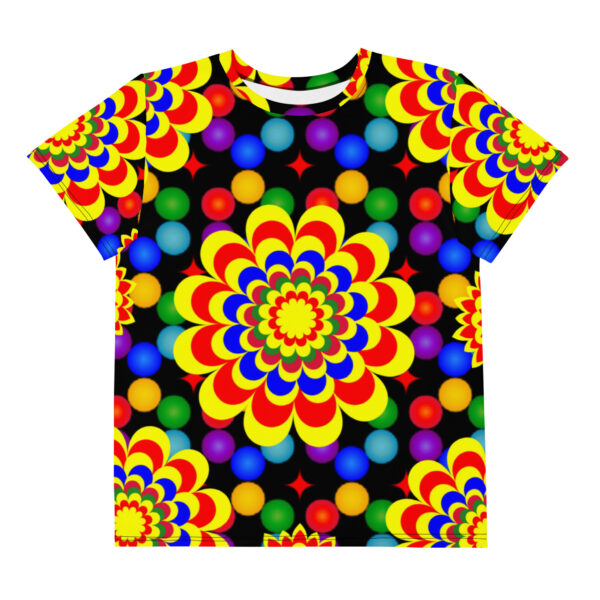 *Original Art Yellow, Red, and Blue Ball and Flowers Pattern Design on Youth Crew Neck T-Shirts* - Image 8