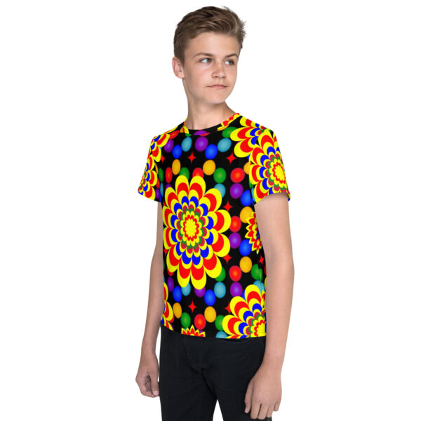 *Original Art Yellow, Red, and Blue Ball and Flowers Pattern Design on Youth Crew Neck T-Shirts* - Image 3