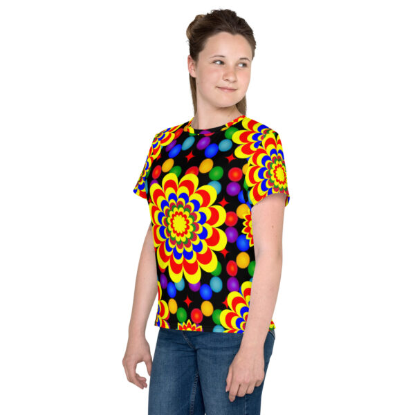 *Original Art Yellow, Red, and Blue Ball and Flowers Pattern Design on Youth Crew Neck T-Shirts* - Image 10