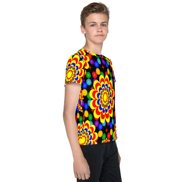 *Original Art Yellow, Red, and Blue Ball and Flowers Pattern Design on Youth Crew Neck T-Shirts* - Image 2