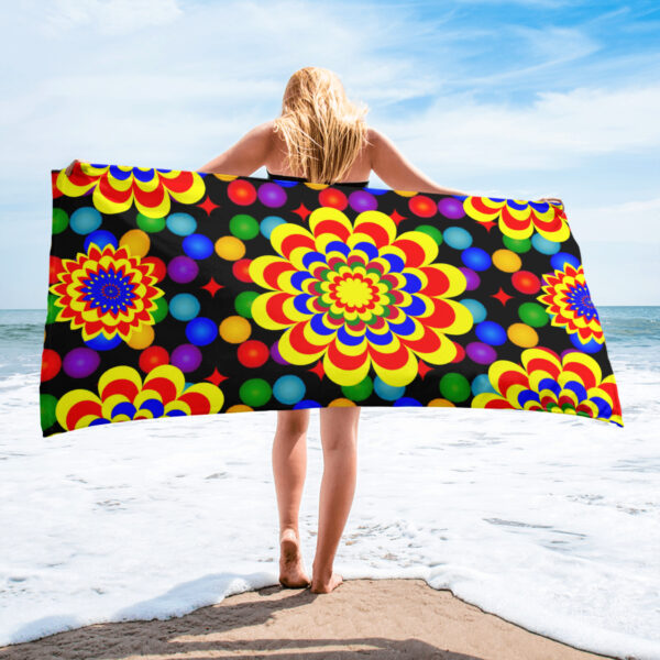 *Original Art Yellow, Red, and Blue Ball and Flowers Pattern Design on Beach Towel*