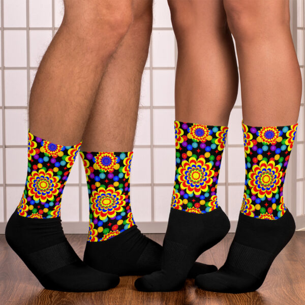 *Original Art Yellow, Red, and Blue Ball and Flowers Pattern Design on Ankle Socks, Crew Socks, or Knee-High Socks*