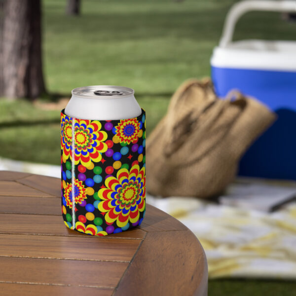 *Original Art Yellow, Red, and Blue Ball and Flowers Pattern Design on Can Cooler* - Image 2