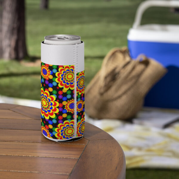 *Original Art Yellow, Red, and Blue Ball and Flowers Pattern Design on Can Cooler*