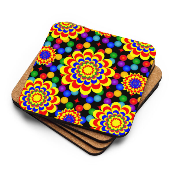 *Original Art Yellow, Red, and Blue Ball and Flowers Pattern Design on Cork-Back Coaster*