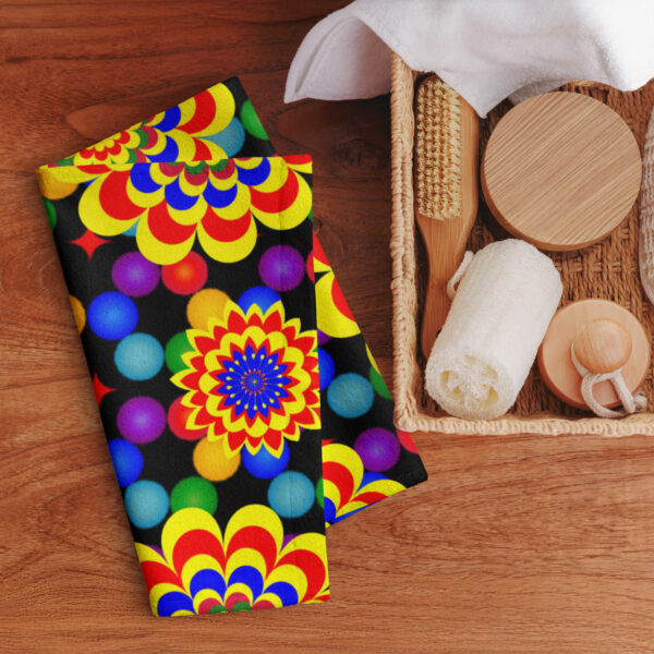 *Original Art Yellow, Red, and Blue Ball and Flowers Pattern Design on Hand Towel*