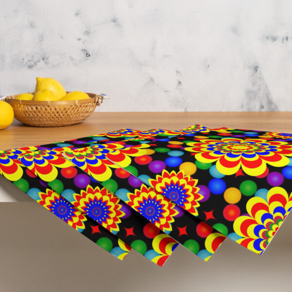 *Original Art Yellow, Red, and Blue Ball and Flowers Pattern Design on Placemat Set*