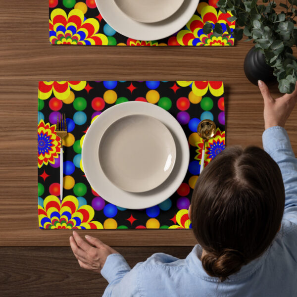 *Original Art Yellow, Red, and Blue Ball and Flowers Pattern Design on Placemat Set* - Image 3