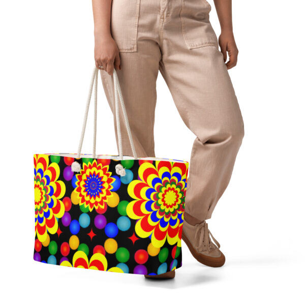 *Original Art Yellow, Red, and Blue Ball and Flowers Pattern Design on Oversized Weekend Bag 🛍️*